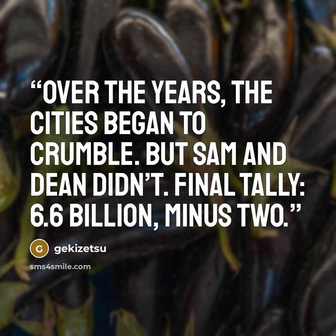 “Over the years, the cities began to crumble. But Sam and Dean didn’t. Final tally: 6.6 billion, minus two.” quote by gekizetsu