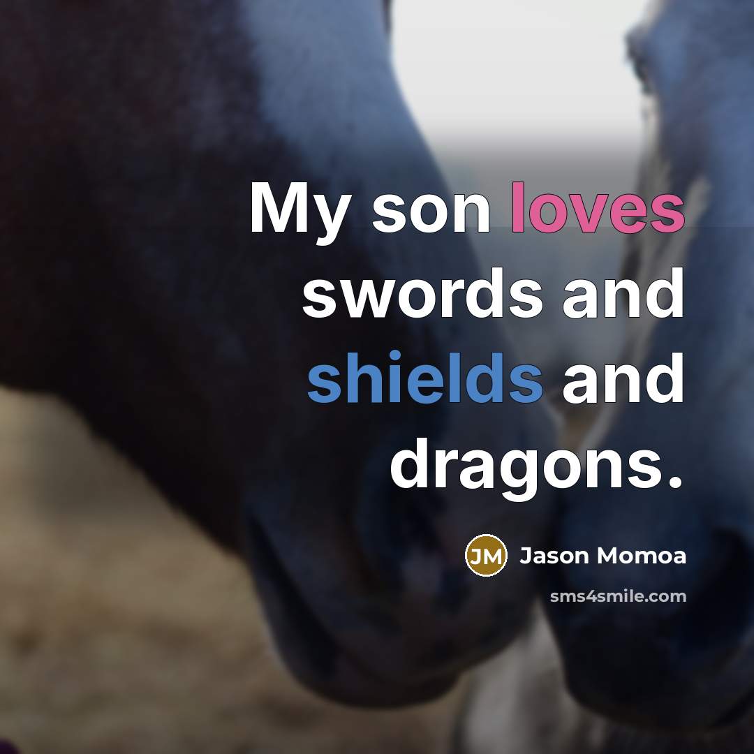 “My son loves swords and shields and dragons.” quote by Jason Momoa