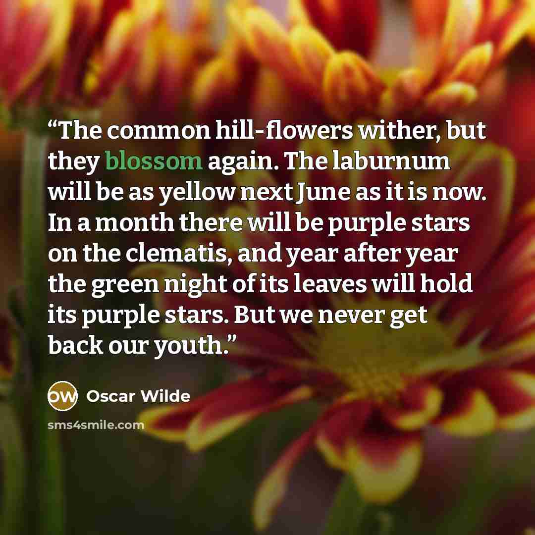 “The common hill-flowers wither, but they blossom again. The laburnum will be as yellow next June as it is now. In a month there will be purple stars on the clematis, and year after year the green night of its leaves will hold its purple stars. But we never get back our youth.” quote by Oscar Wilde