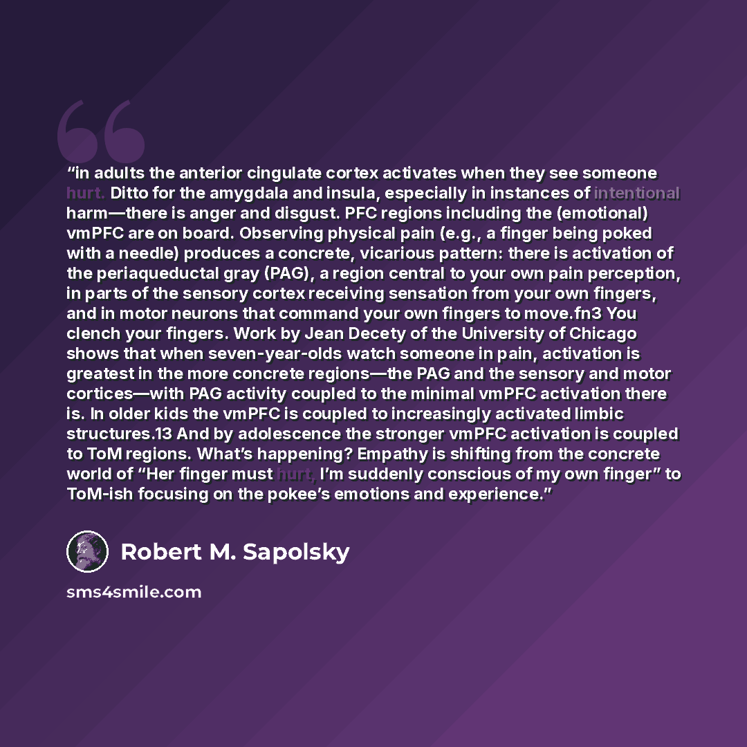 “in adults the anterior cingulate cortex activates when they see someone hurt. Ditto for the amygdala and insula, especially in instances of intentional harm—there is anger and disgust. PFC regions including the (emotional) vmPFC are on board. Observing physical pain (e.g., a finger being poked…” quote by Robert M. Sapolsky