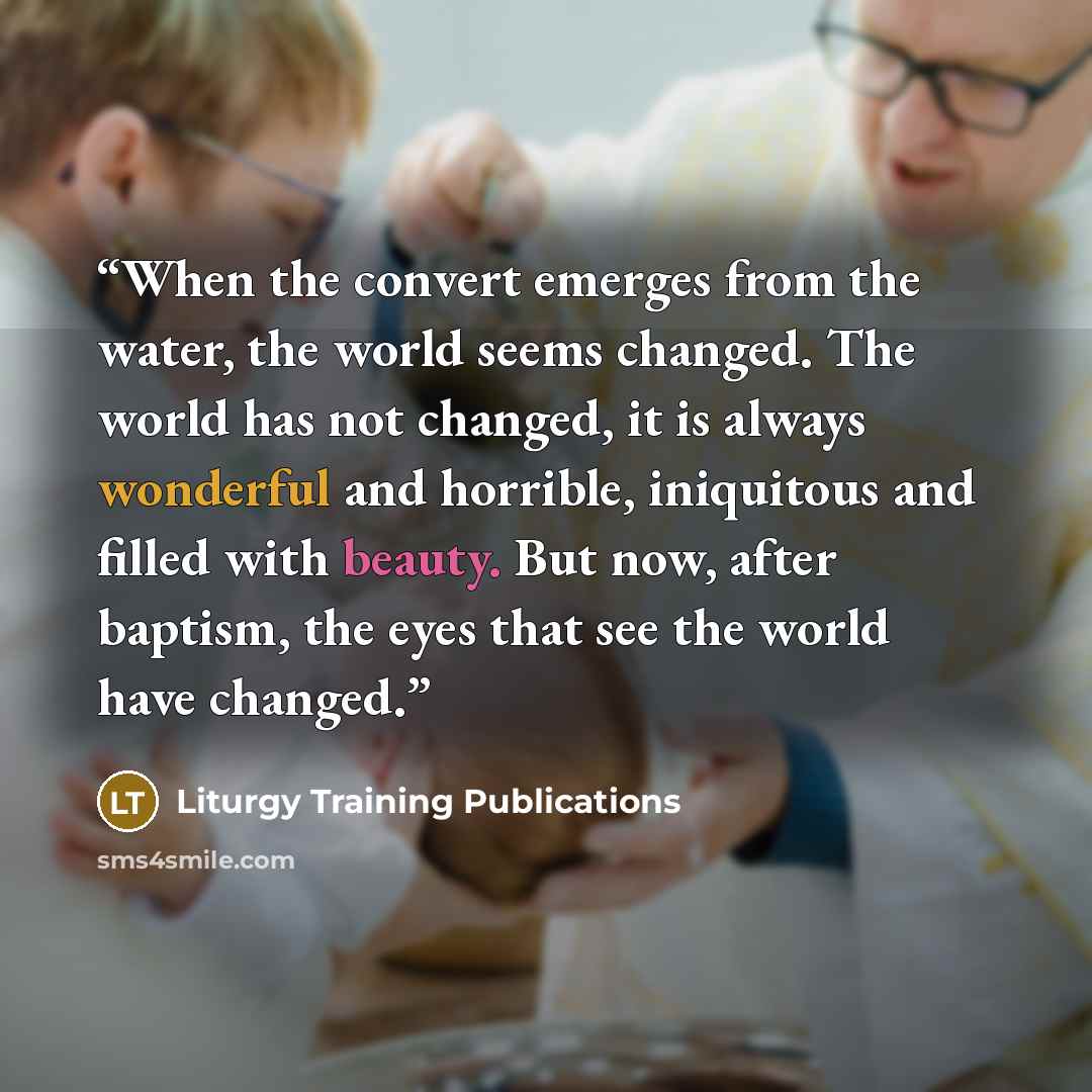 “When the convert emerges from the water, the world seems changed. The world has not changed, it is always wonderful and horrible, iniquitous and filled with beauty. But now, after baptism, the eyes that see the world have changed.” quote by Liturgy Training Publications