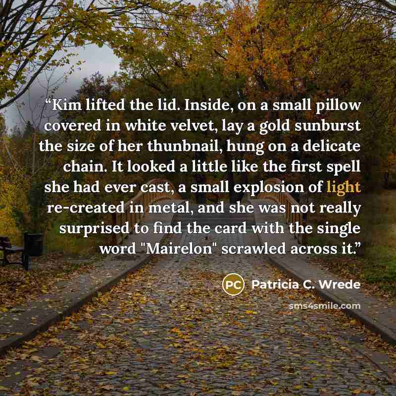 “Kim lifted the lid. Inside, on a small pillow covered in white velvet, lay a gold sunburst the size of her thunbnail, hung on a delicate chain. It looked a little like the first spell she had ever cast, a small explosion of light re-created in metal, and she was not really surprised to find the…” quote by Patricia C. Wrede