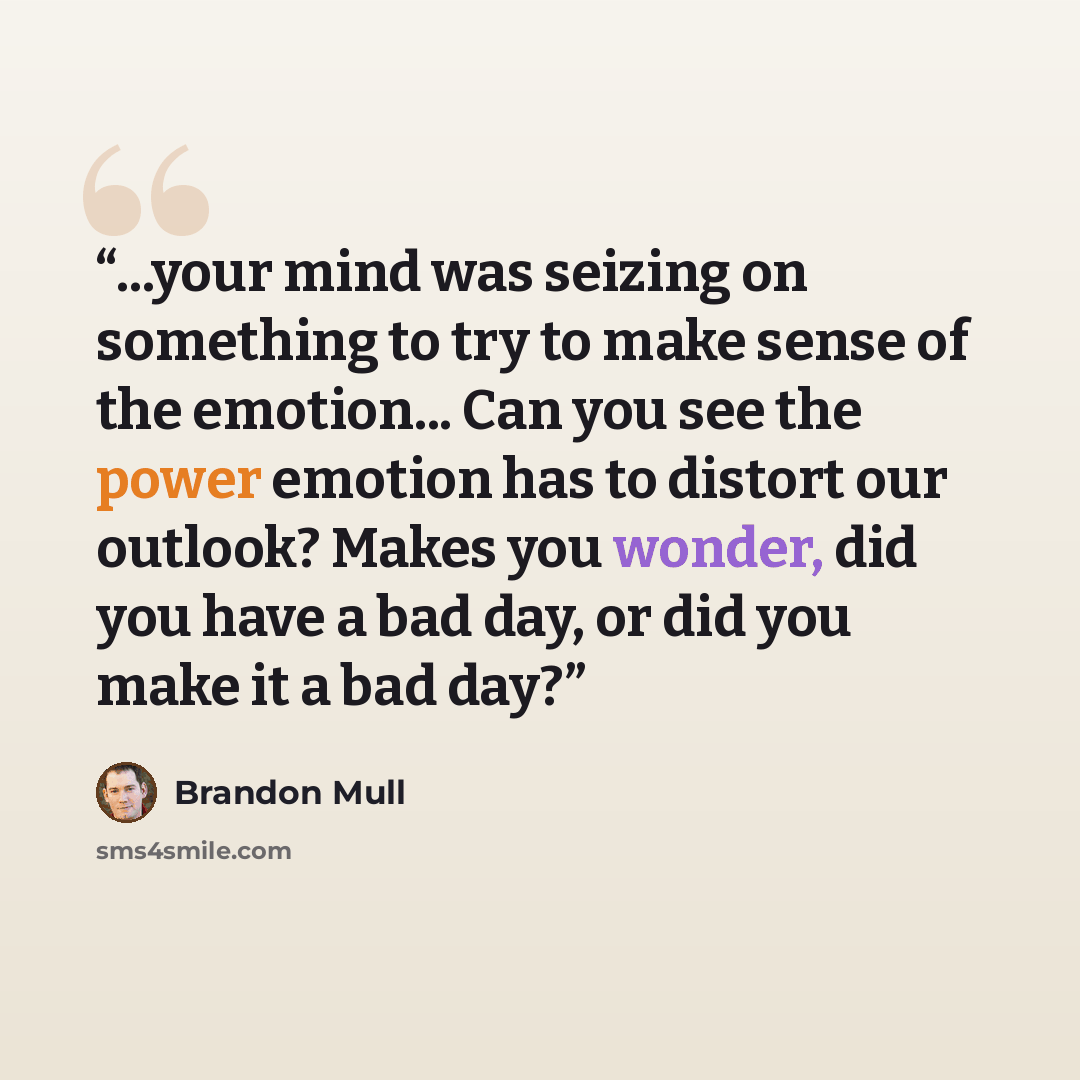 “...your mind was seizing on something to try to make sense of the emotion... Can you see the power emotion has to distort our outlook? Makes you wonder, did you have a bad day, or did you make it a bad day?” quote by Brandon Mull