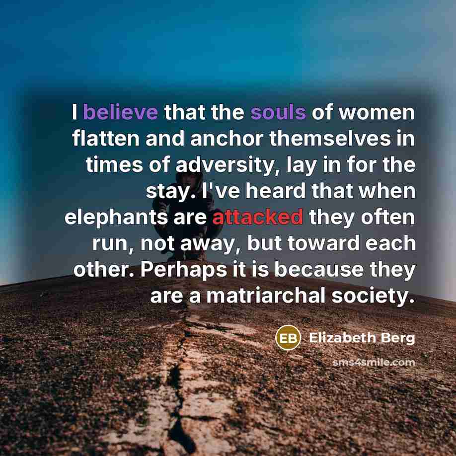 “I believe that the souls of women flatten and anchor themselves in times of adversity, lay in for the stay. I've heard that when elephants are attacked they often run, not away, but toward each other. Perhaps it is because they are a matriarchal society.” quote by Elizabeth Berg