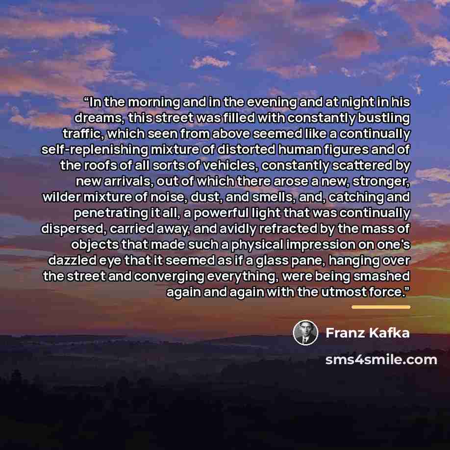 “In the morning and in the evening and at night in his dreams, this street was filled with constantly bustling traffic, which seen from above seemed like a continually self-replenishing mixture of distorted human figures and of the roofs of all sorts of vehicles, constantly scattered by new…” quote by Franz Kafka