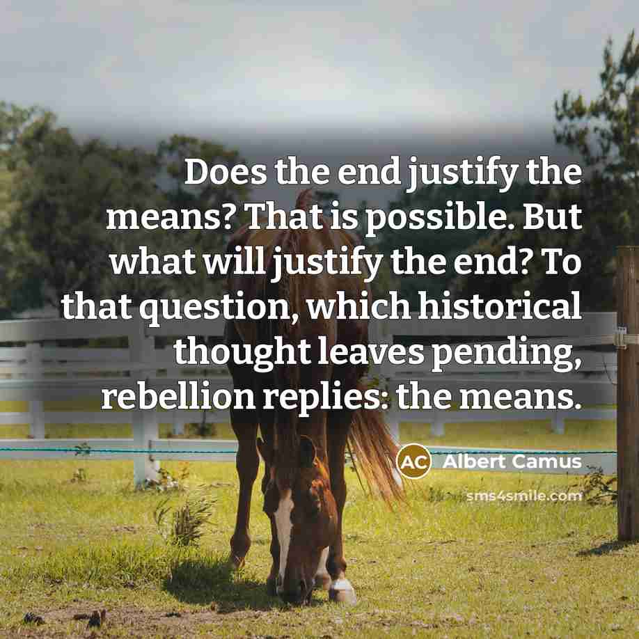 “Does the end justify the means? That is possible. But what will justify the end? To that question, which historical thought leaves pending, rebellion replies: the means.” quote by Albert Camus