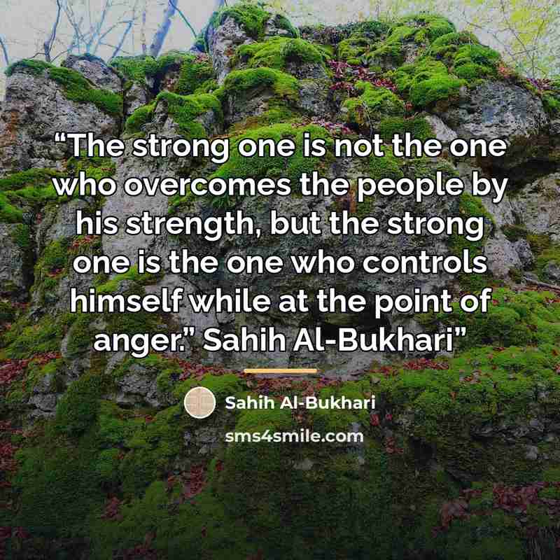 “The strong one is not the one who overcomes the people by his strength, but the strong one is the one who controls himself while at the point of anger.” Sahih Al-Bukhari” quote by Sahih Al-Bukhari