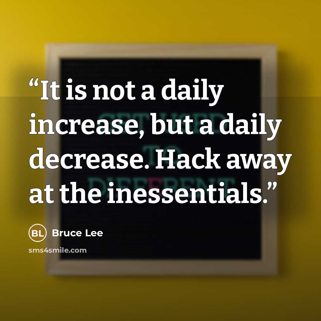 “It is not a daily increase, but a daily decrease. Hack away at the inessentials.” quote by Bruce Lee