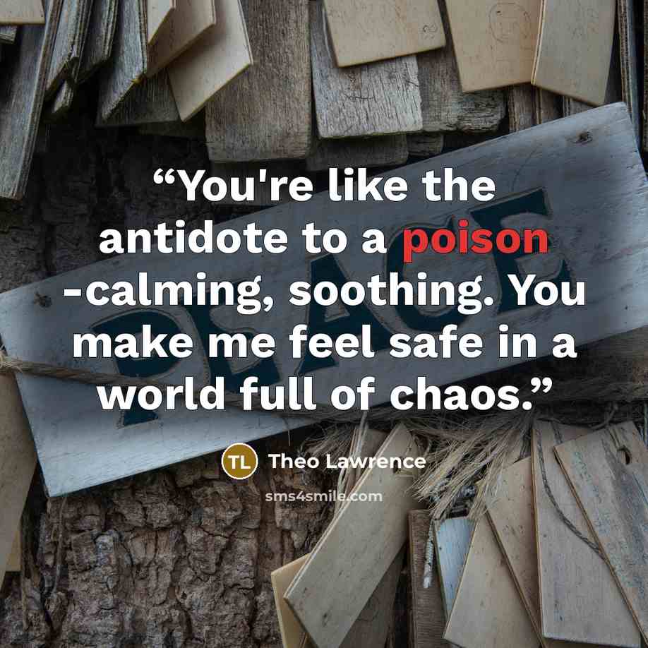 “You're like the antidote to a poison -calming, soothing. You make me feel safe in a world full of chaos.” quote by Theo Lawrence