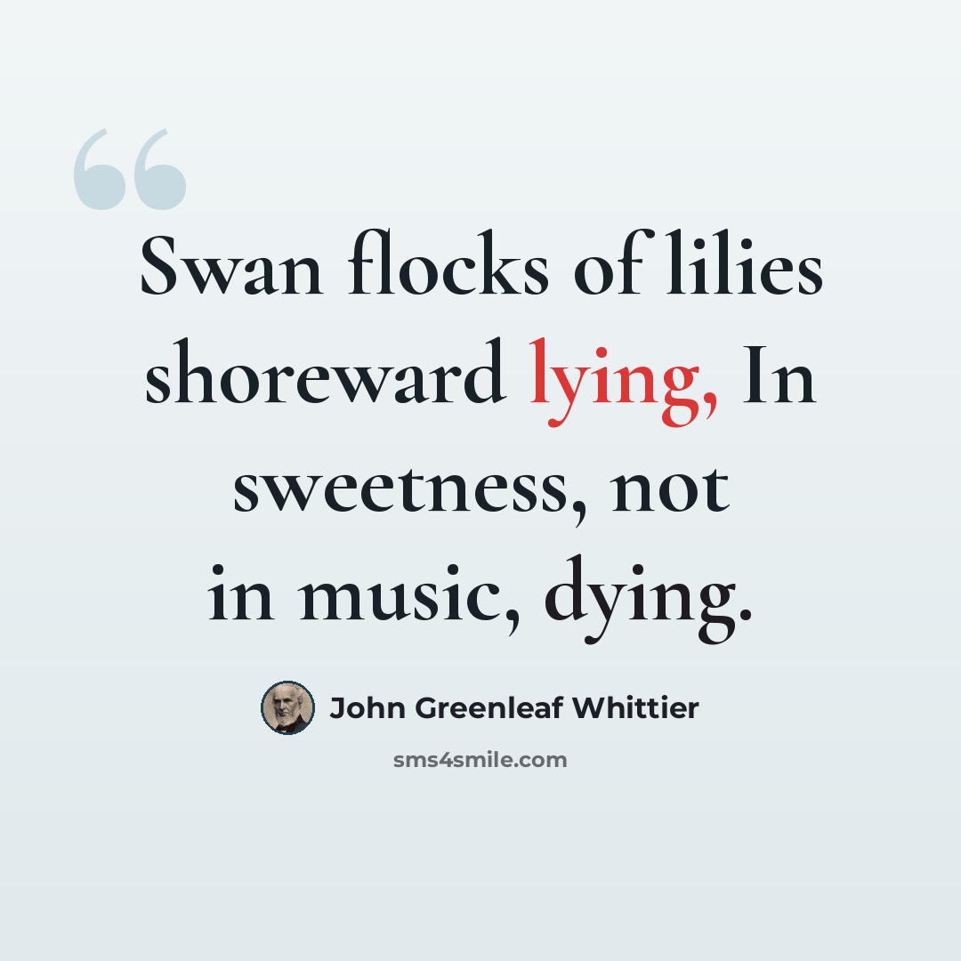 “Swan flocks of lilies shoreward lying, In sweetness, not in music, dying.” quote by John Greenleaf Whittier