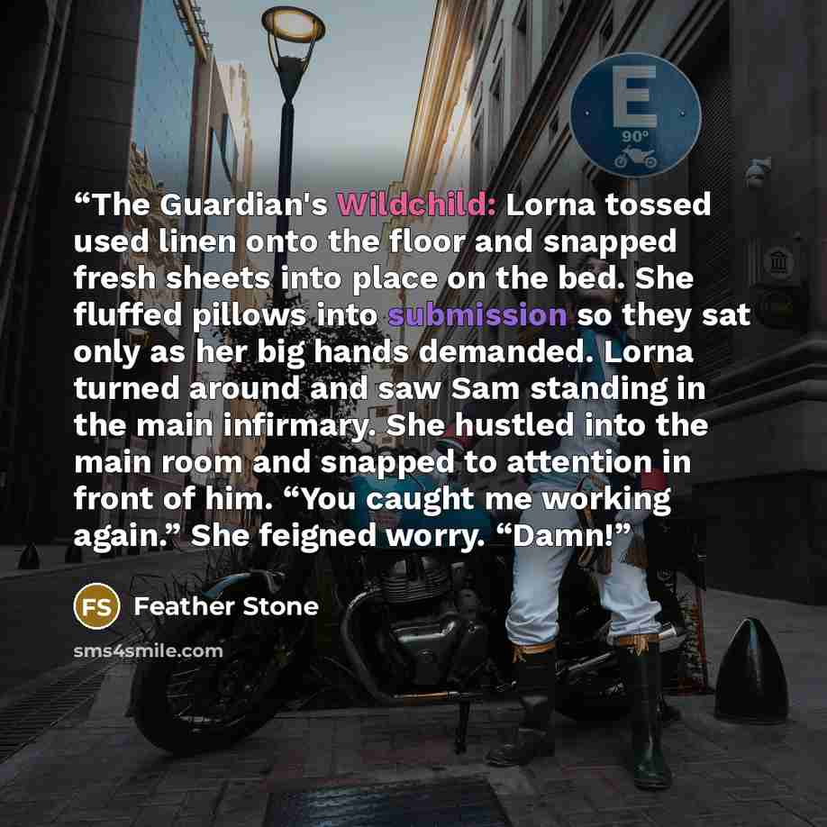 “The Guardian's Wildchild: Lorna tossed used linen onto the floor and snapped fresh sheets into place on the bed. She fluffed pillows into submission so they sat only as her big hands demanded. Lorna turned around and saw Sam standing in the main infirmary. She hustled into the main room and…” quote by Feather Stone
