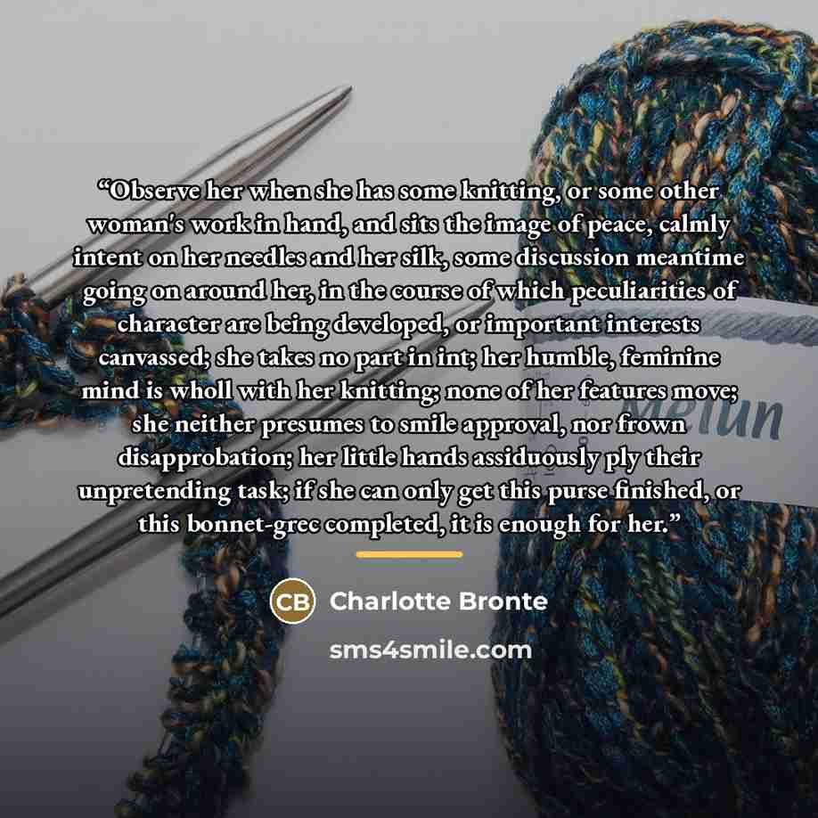 “Observe her when she has some knitting, or some other woman's work in hand, and sits the image of peace, calmly intent on her needles and her silk, some discussion meantime going on around her, in the course of which peculiarities of character are being developed, or important interests canvassed…” quote by Charlotte Brontë