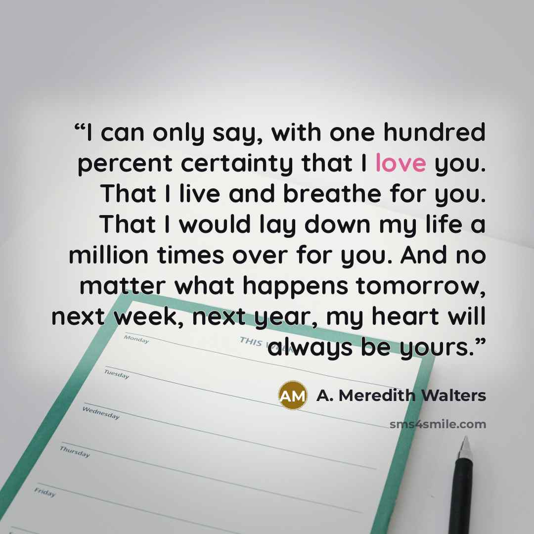 “I can only say, with one hundred percent certainty that I love you. That I live and breathe for you. That I would lay down my life a million times over for you. And no matter what happens tomorrow, next week, next year, my heart will always be yours.” quote by A. Meredith Walters