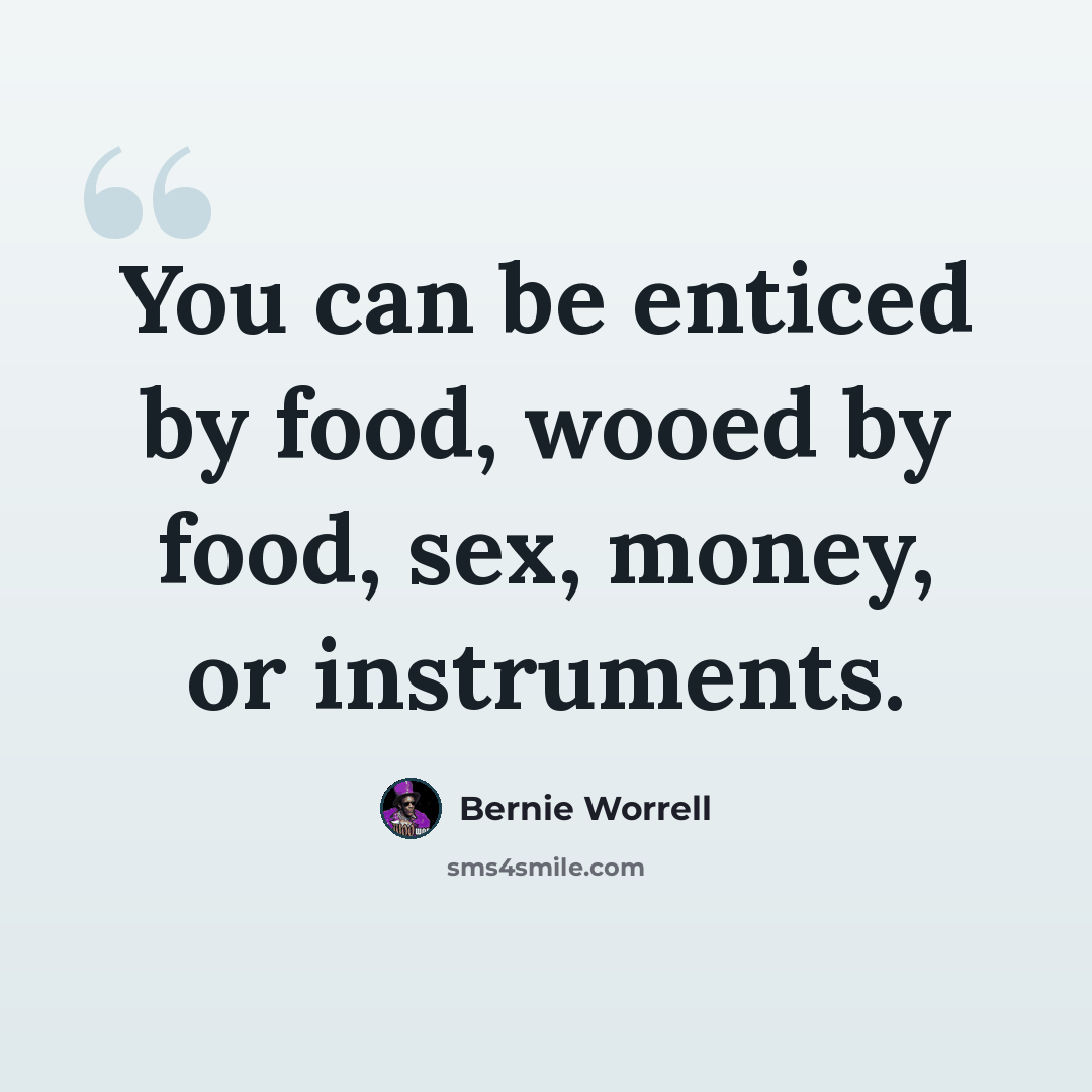 “You can be enticed by food, wooed by food, sex, money, or instruments.” quote by Bernie Worrell