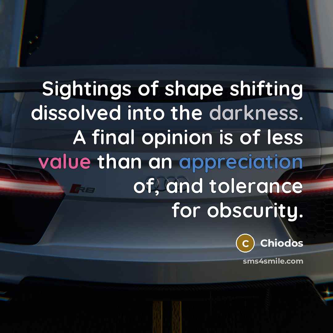 “Sightings of shape shifting dissolved into the darkness. A final opinion is of less value than an appreciation of, and tolerance for obscurity.” quote by Chiodos