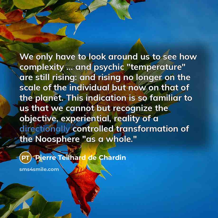 “We only have to look around us to see how complexity ... and psychic "temperature" are still rising: and rising no longer on the scale of the individual but now on that of the planet. This indication is so familiar to us that we cannot but recognize the objective, experiential, reality of a…” quote by Pierre Teilhard de Chardin