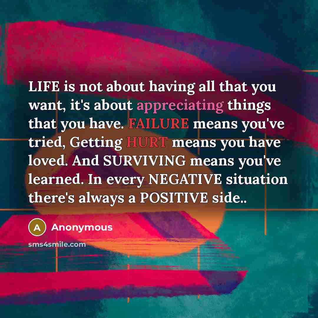 “LIFE is not about having all that you want, it's about appreciating things that you have. FAILURE means you've tried, Getting HURT means you have loved. And SURVIVING means you've learned. In every NEGATIVE situation there's always a POSITIVE side..” quote by Anonymous