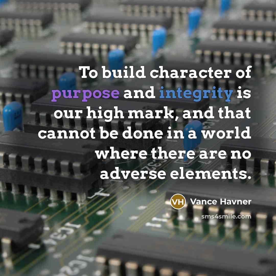 “To build character of purpose and integrity is our high mark, and that cannot be done in a world where there are no adverse elements.” quote by Vance Havner