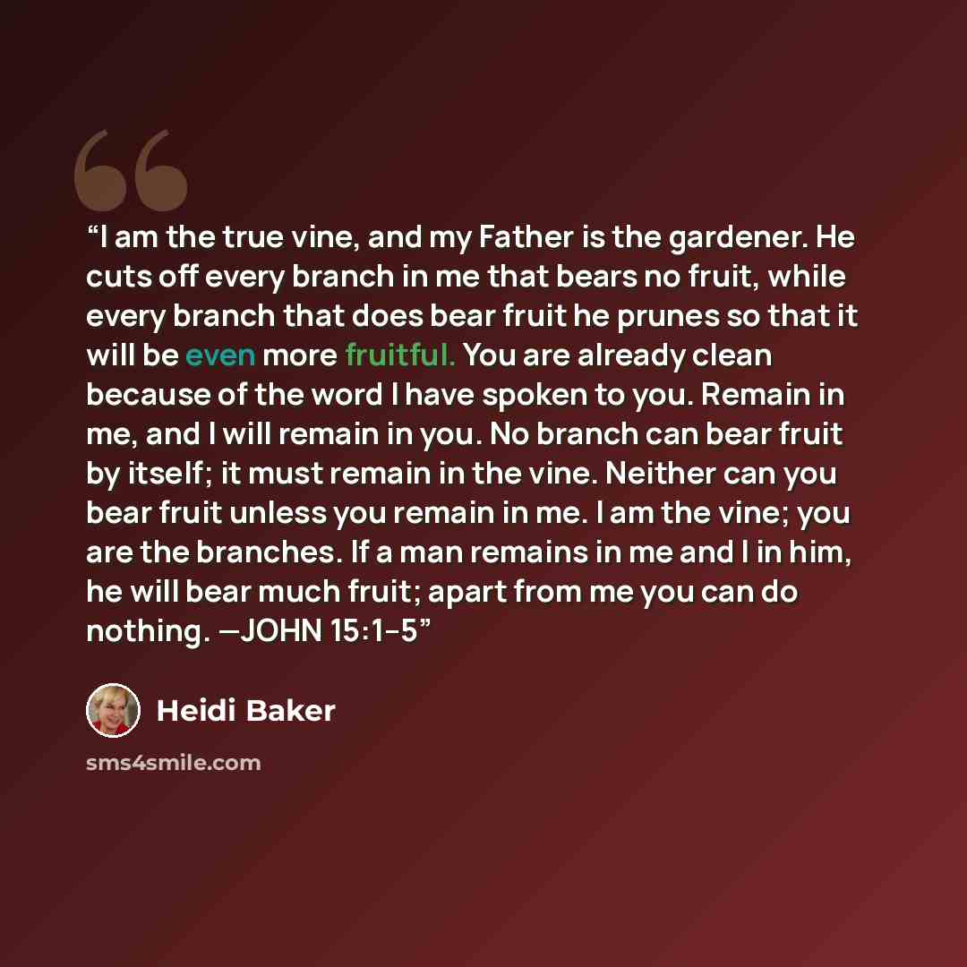 “I am the true vine, and my Father is the gardener. He cuts off every branch in me that bears no fruit, while every branch that does bear fruit he prunes so that it will be even more fruitful. You are already clean because of the word I have spoken to you. Remain in me, and I will remain in you. No…” quote by Heidi Baker