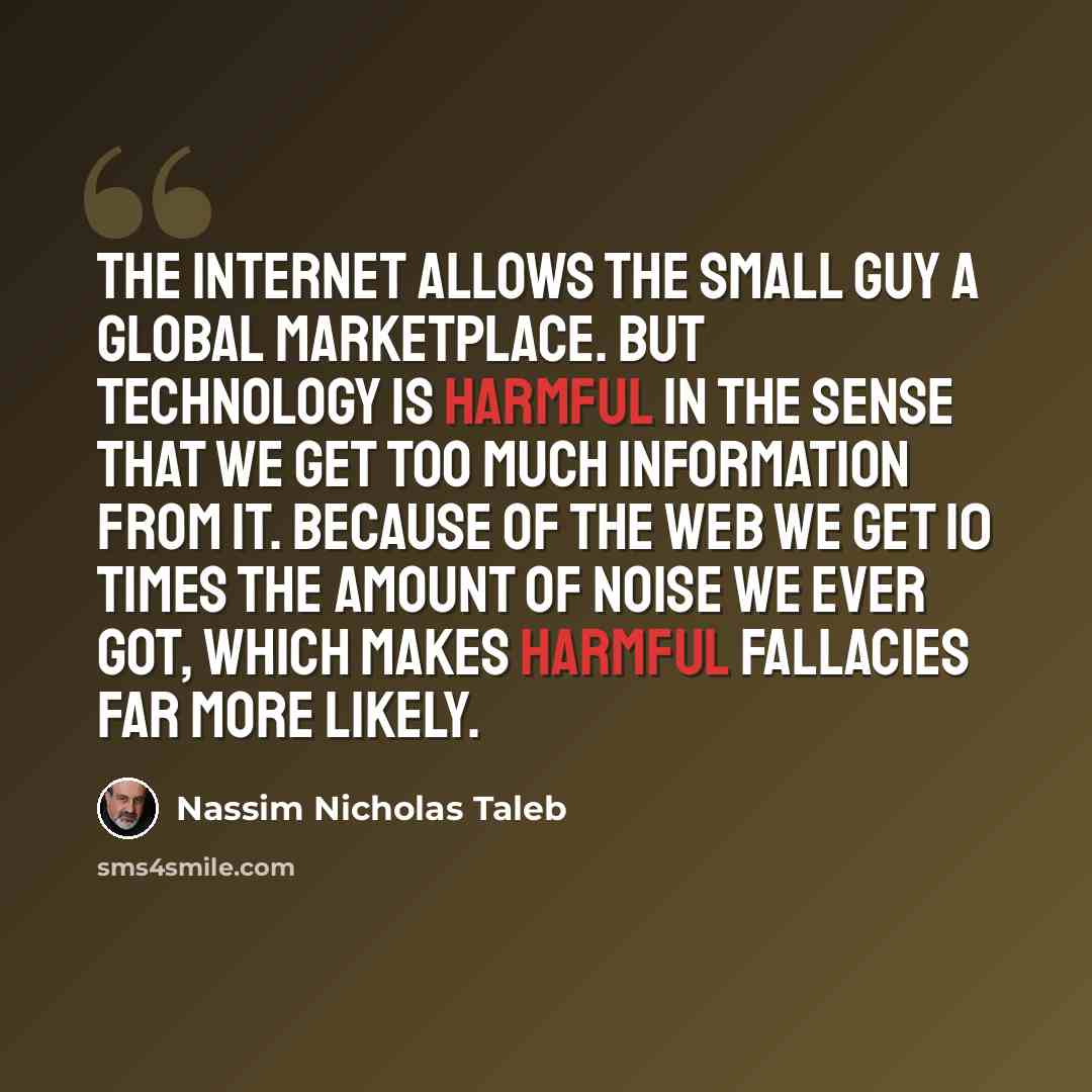 “The Internet allows the small guy a global marketplace. But technology is harmful in the sense that we get too much information from it. Because of the web we get 10 times the amount of noise we ever got, which makes harmful fallacies far more likely.” quote by Nassim Nicholas Taleb