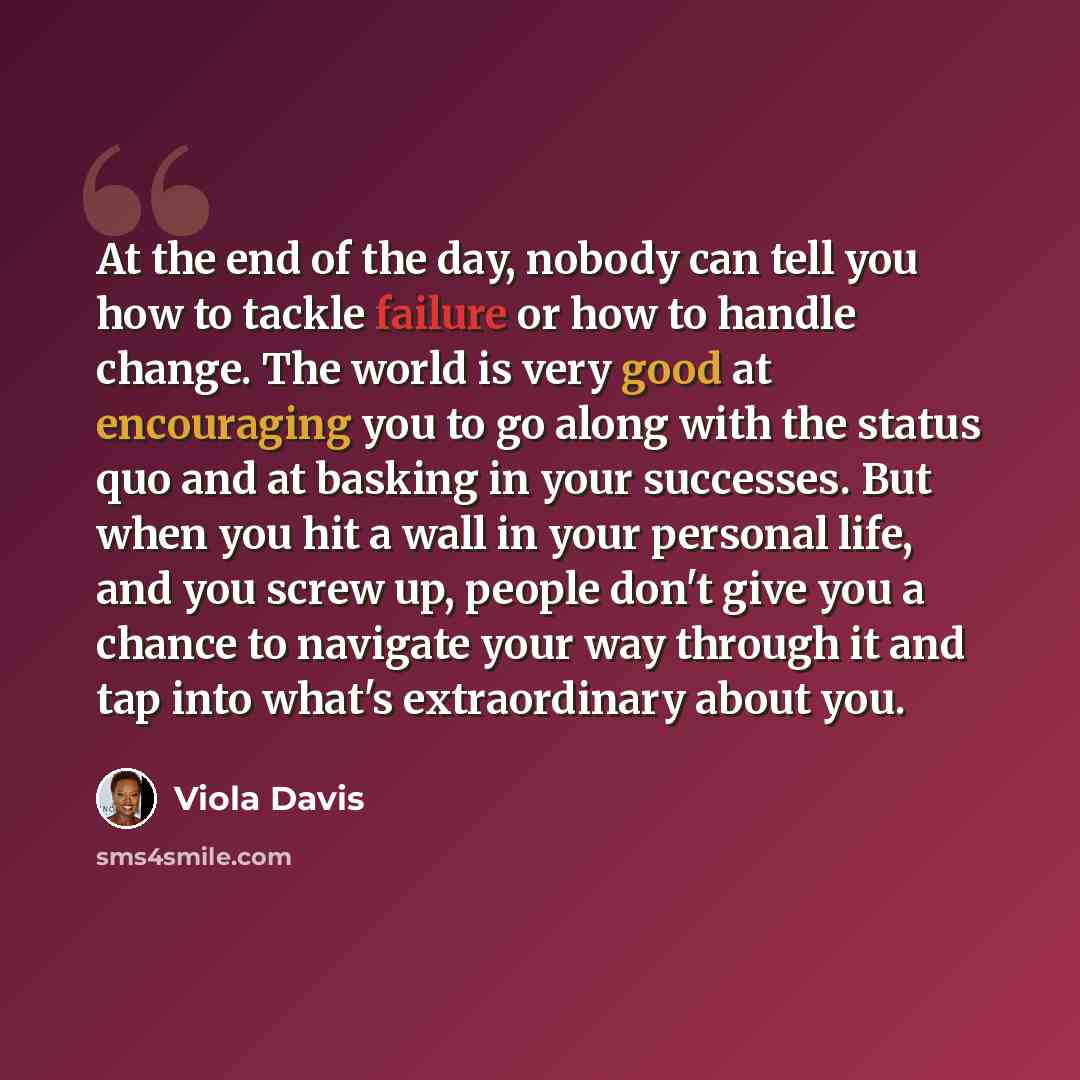 “At the end of the day, nobody can tell you how to tackle failure or how to handle change. The world is very good at encouraging you to go along with the status quo and at basking in your successes. But when you hit a wall in your personal life, and you screw up, people don't give you a chance to…” quote by Viola Davis