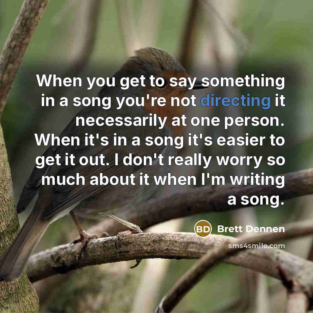 “When you get to say something in a song you're not directing it necessarily at one person. When it's in a song it's easier to get it out. I don't really worry so much about it when I'm writing a song.” quote by Brett Dennen
