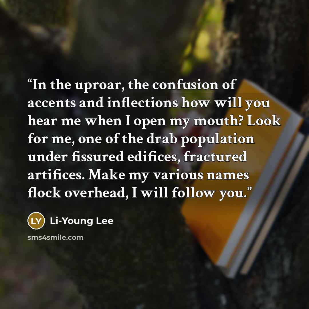 “In the uproar, the confusion of accents and inflections how will you hear me when I open my mouth? Look for me, one of the drab population under fissured edifices, fractured artifices. Make my various names flock overhead, I will follow you.” quote by Li-Young Lee