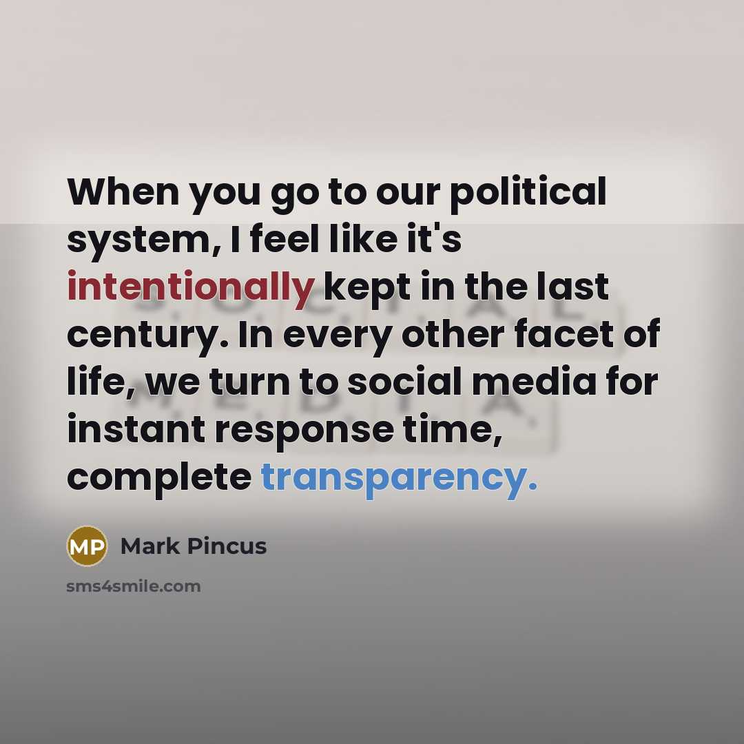 “When you go to our political system, I feel like it's intentionally kept in the last century. In every other facet of life, we turn to social media for instant response time, complete transparency.” quote by Mark Pincus