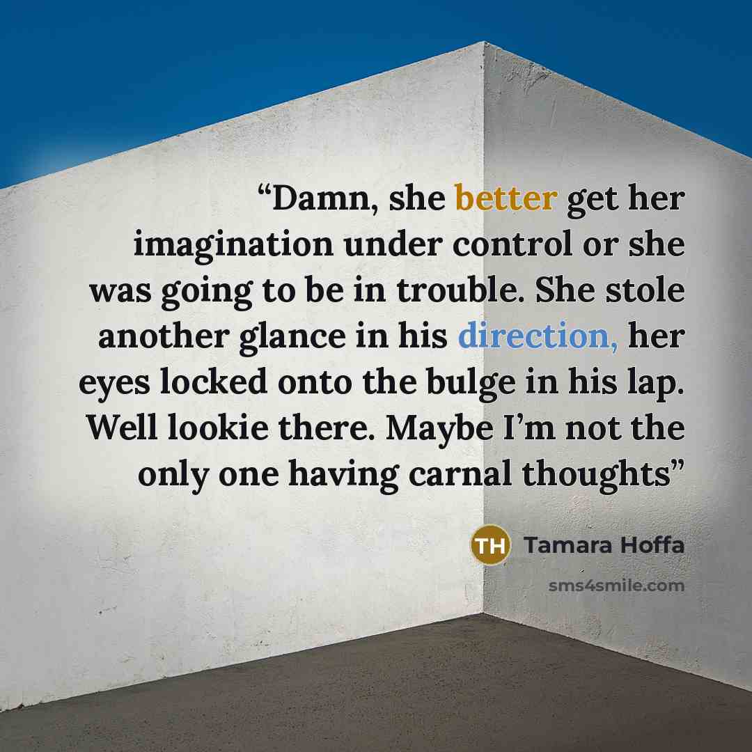 “Damn, she better get her imagination under control or she was going to be in trouble. She stole another glance in his direction, her eyes locked onto the bulge in his lap. Well lookie there. Maybe I’m not the only one having carnal thoughts” quote by Tamara Hoffa
