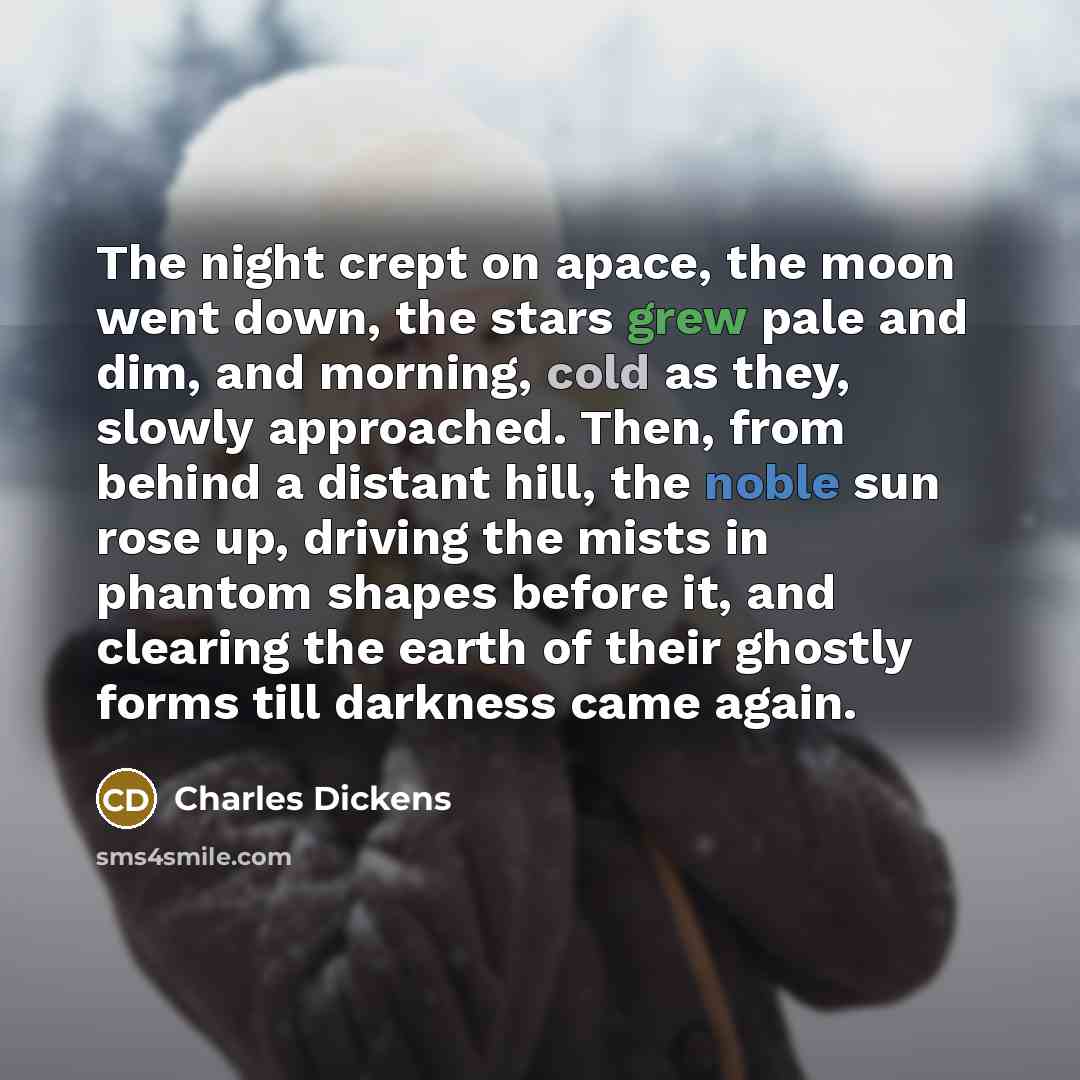 “The night crept on apace, the moon went down, the stars grew pale and dim, and morning, cold as they, slowly approached. Then, from behind a distant hill, the noble sun rose up, driving the mists in phantom shapes before it, and clearing the earth of their ghostly forms till darkness came again.” quote by Charles Dickens