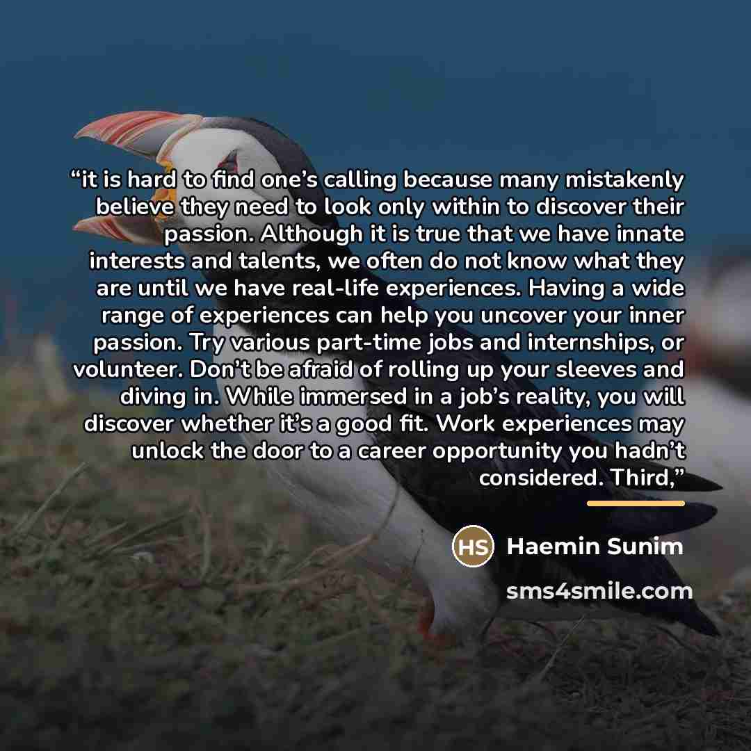 “it is hard to find one’s calling because many mistakenly believe they need to look only within to discover their passion. Although it is true that we have innate interests and talents, we often do not know what they are until we have real-life experiences. Having a wide range of experiences can…” quote by Haemin Sunim