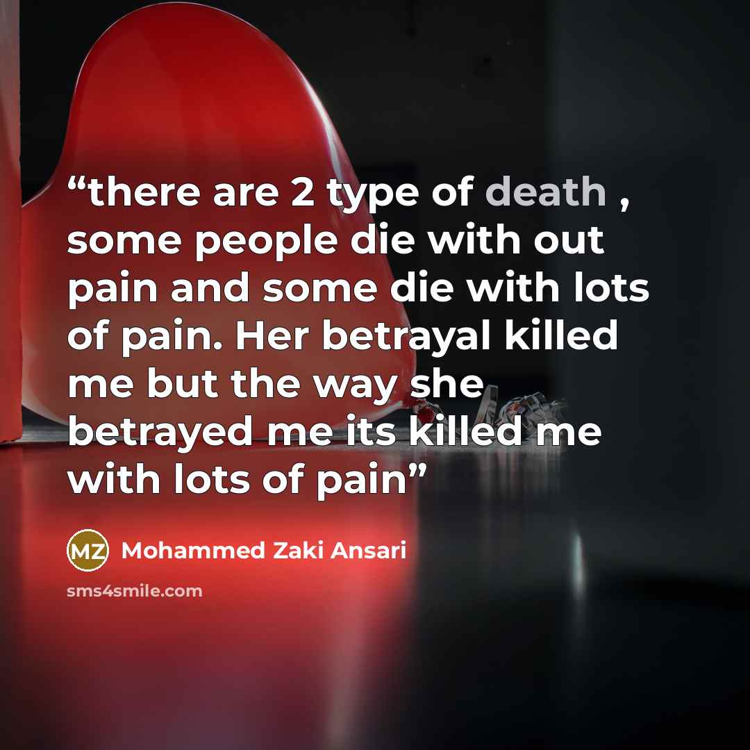 “there are 2 type of death , some people die with out pain and some die with lots of pain. Her betrayal killed me but the way she betrayed me its killed me with lots of pain” quote by Mohammed Zaki Ansari