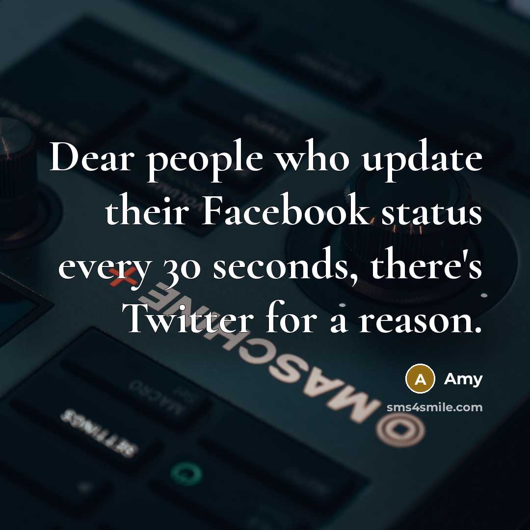 “Dear people who update their Facebook status every 30 seconds, there's Twitter for a reason.” quote by Amy