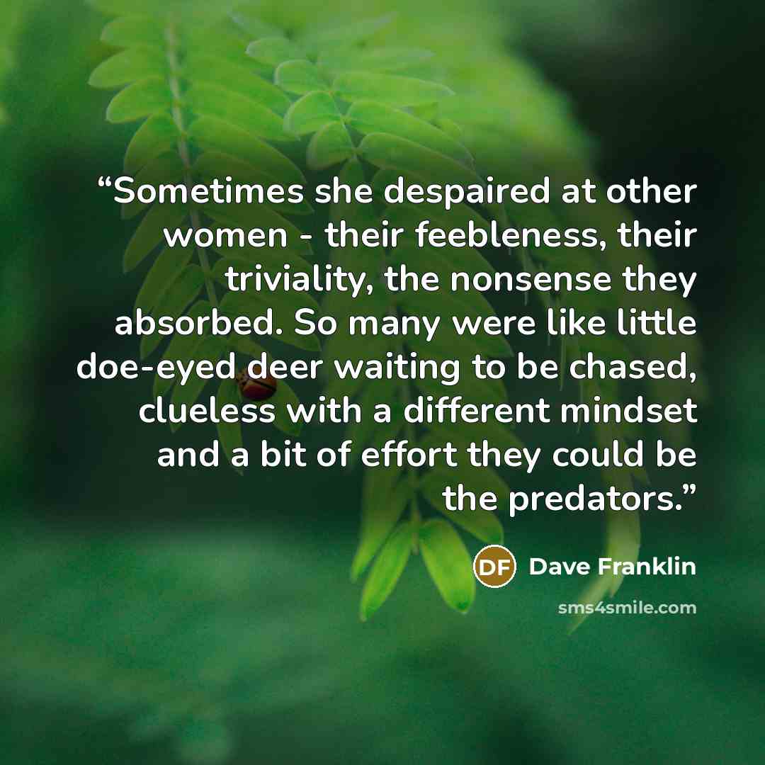 “Sometimes she despaired at other women - their feebleness, their triviality, the nonsense they absorbed. So many were like little doe-eyed deer waiting to be chased, clueless with a different mindset and a bit of effort they could be the predators.” quote by Dave Franklin