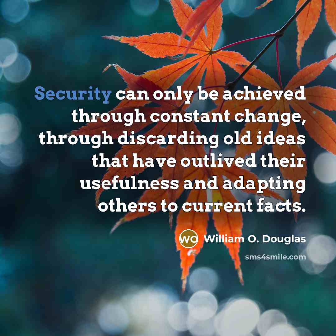 “Security can only be achieved through constant change, through discarding old ideas that have outlived their usefulness and adapting others to current facts.” quote by William O. Douglas