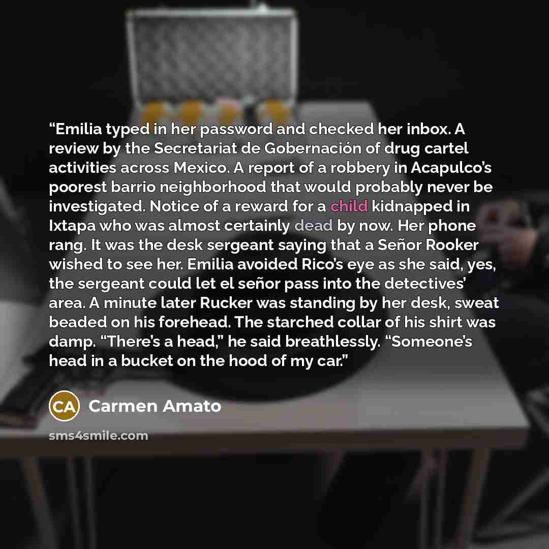 “Emilia typed in her password and checked her inbox. A review by the Secretariat de Gobernación of drug cartel activities across Mexico. A report of a robbery in Acapulco’s poorest barrio neighborhood that would probably never be investigated. Notice of a reward for a child kidnapped in Ixtapa who…” quote by Carmen Amato