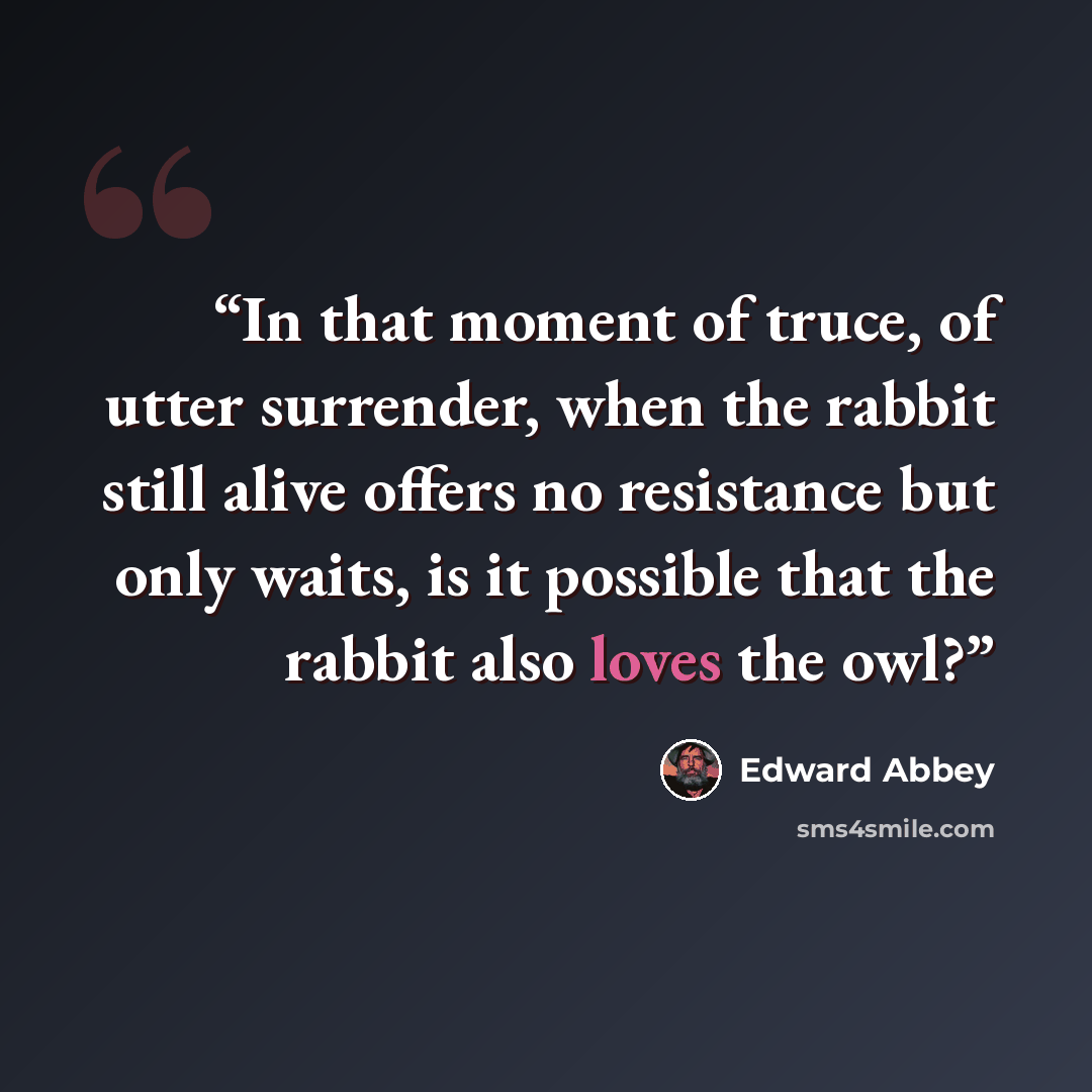 “In that moment of truce, of utter surrender, when the rabbit still alive offers no resistance but only waits, is it possible that the rabbit also loves the owl?” quote by Edward Abbey