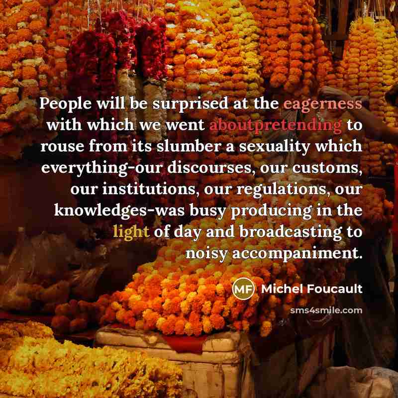 “People will be surprised at the eagerness with which we went aboutpretending to rouse from its slumber a sexuality which every­thing-our discourses, our customs, our institutions, our regulations, our knowledges-was busy producing in the light of day and broadcasting to noisy accompaniment.” quote by Michel Foucault