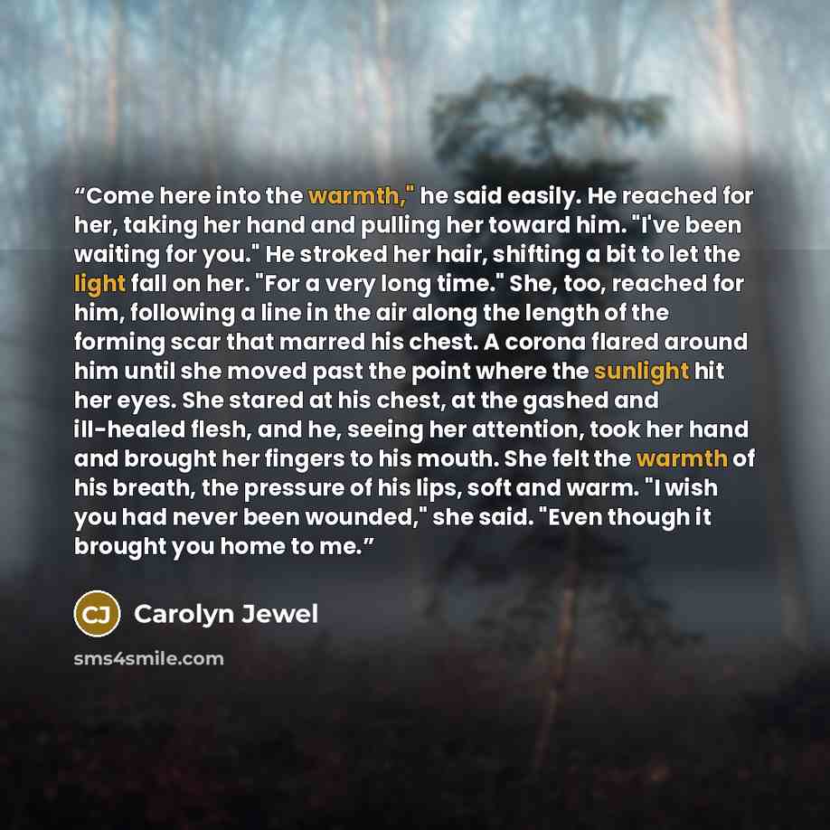 “Come here into the warmth," he said easily. He reached for her, taking her hand and pulling her toward him. "I've been waiting for you." He stroked her hair, shifting a bit to let the light fall on her. "For a very long time." She, too, reached for him, following a line in the air along the length…” quote by Carolyn Jewel