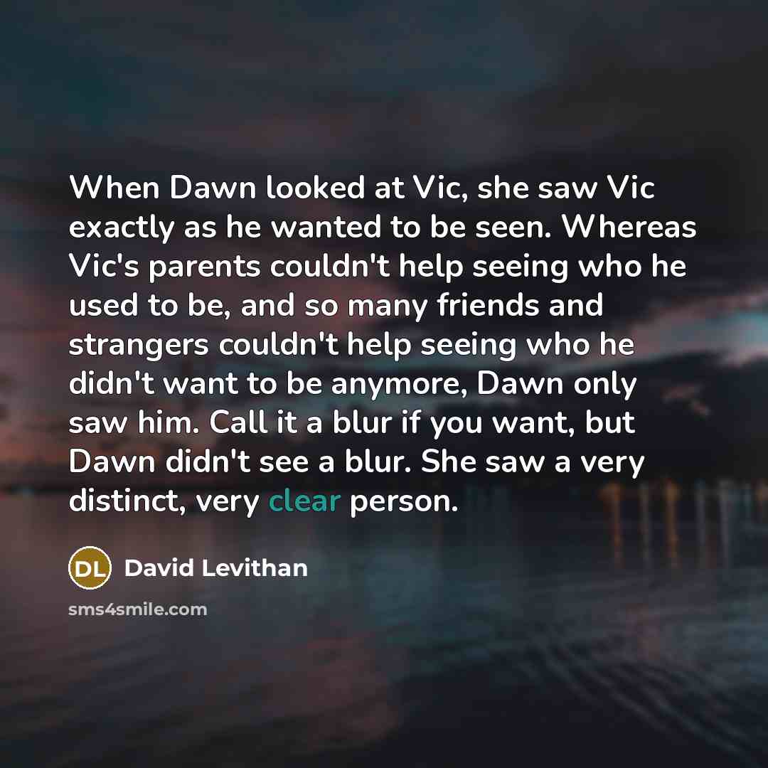 “When Dawn looked at Vic, she saw Vic exactly as he wanted to be seen. Whereas Vic's parents couldn't help seeing who he used to be, and so many friends and strangers couldn't help seeing who he didn't want to be anymore, Dawn only saw him. Call it a blur if you want, but Dawn didn't see a blur…” quote by David Levithan