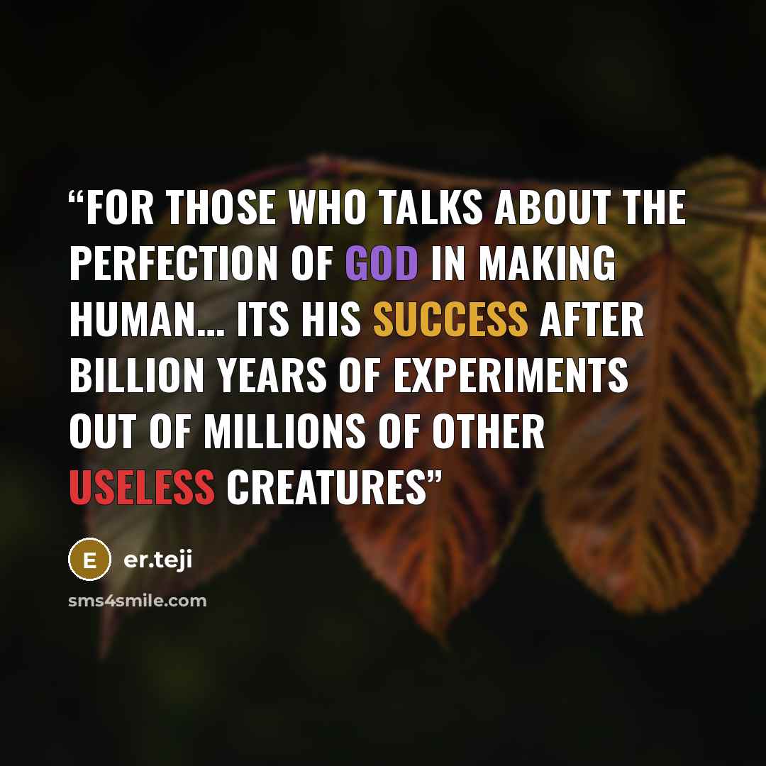 “For those who talks about the perfection of god in making human… Its his success after billion years of experiments out of millions of other useless creatures” quote by er.teji