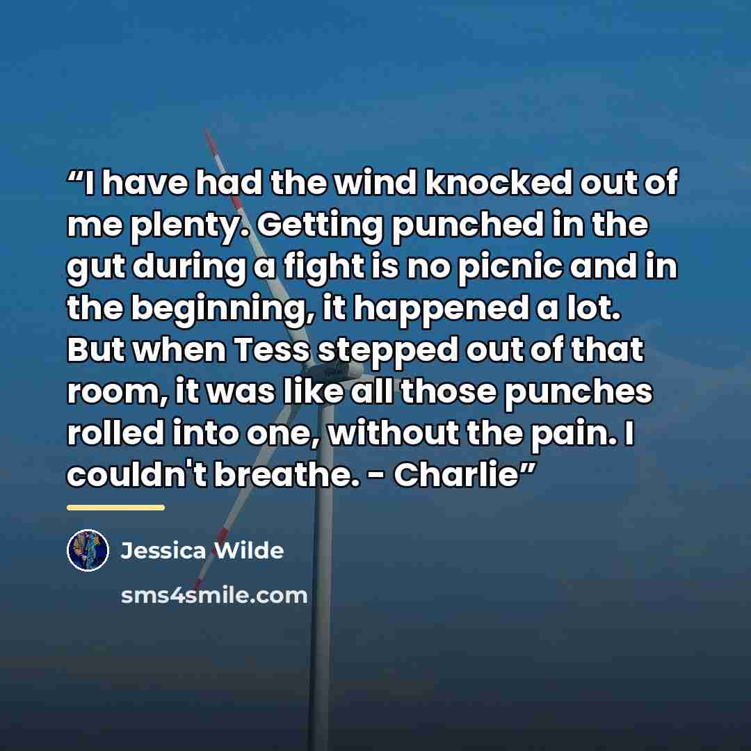 “I have had the wind knocked out of me plenty. Getting punched in the gut during a fight is no picnic and in the beginning, it happened a lot. But when Tess stepped out of that room, it was like all those punches rolled into one, without the pain. I couldn't breathe. - Charlie” quote by Jessica Wilde