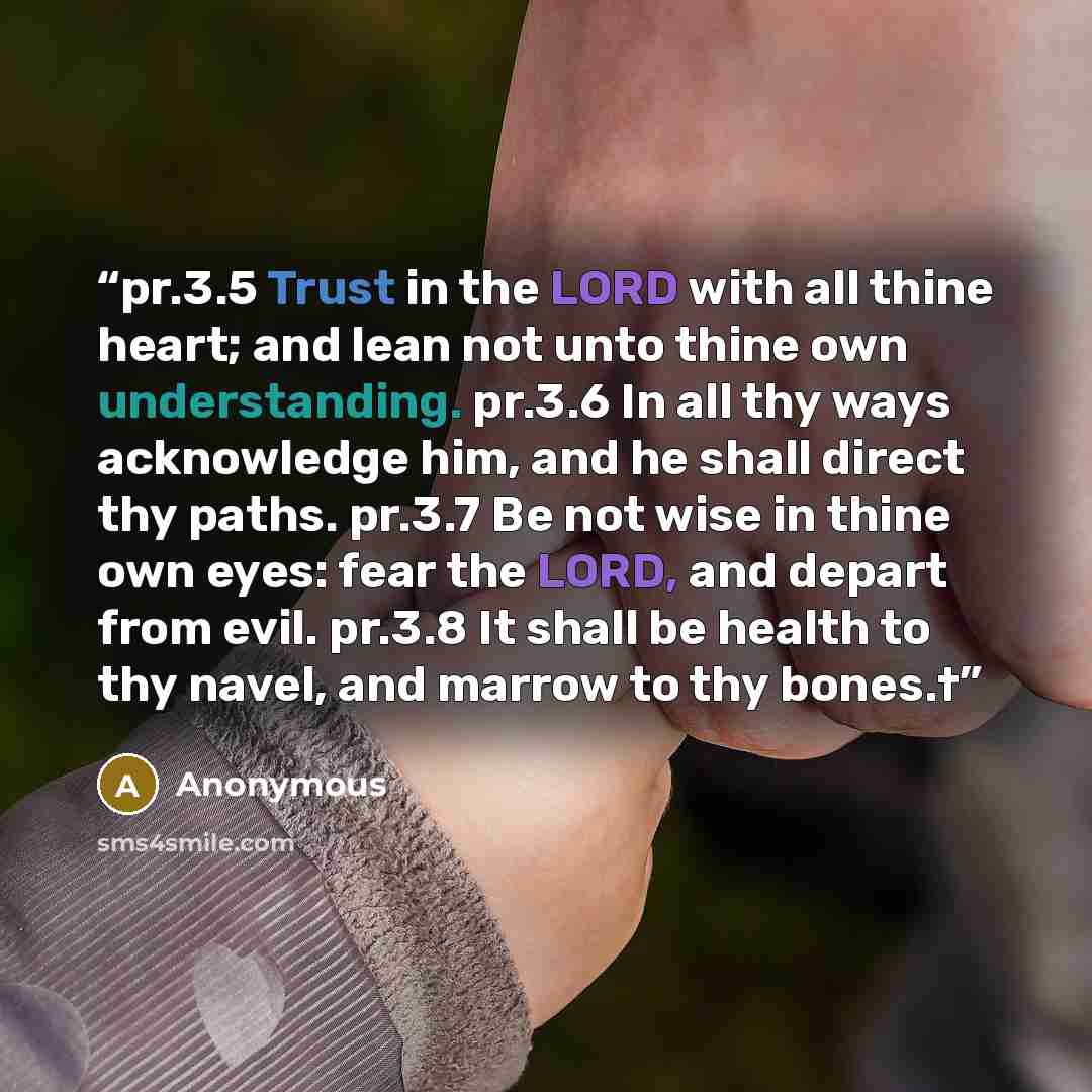 “pr.3.5 Trust in the LORD with all thine heart; and lean not unto thine own understanding. pr.3.6 In all thy ways acknowledge him, and he shall direct thy paths. pr.3.7 Be not wise in thine own eyes: fear the LORD, and depart from evil. pr.3.8 It shall be health to thy navel, and marrow to thy…” quote by Anonymous