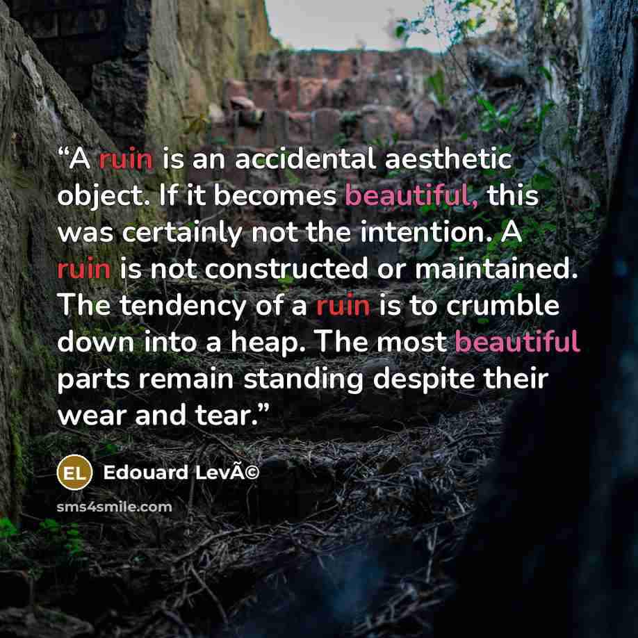 “A ruin is an accidental aesthetic object. If it becomes beautiful, this was certainly not the intention. A ruin is not constructed or maintained. The tendency of a ruin is to crumble down into a heap. The most beautiful parts remain standing despite their wear and tear.” quote by Edouard LevÃ©