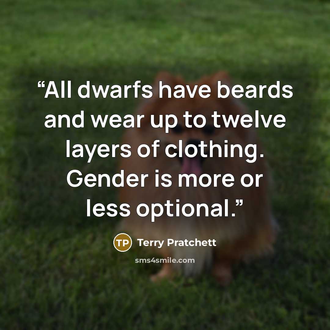 “All dwarfs have beards and wear up to twelve layers of clothing. Gender is more or less optional.” quote by Terry Pratchett