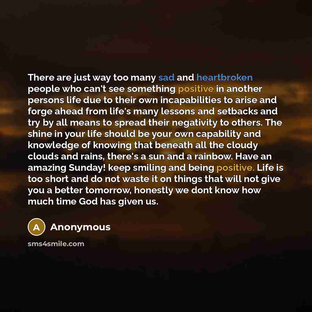 “There are just way too many sad and heartbroken people who can't see something positive in another persons life due to their own incapabilities to arise and forge ahead from life's many lessons and setbacks and try by all means to spread their negativity to others. The shine in your life should be…” quote by Anonymous