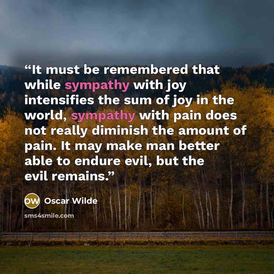 “It must be remembered that while sympathy with joy intensifies the sum of joy in the world, sympathy with pain does not really diminish the amount of pain. It may make man better able to endure evil, but the evil remains.” quote by Oscar Wilde