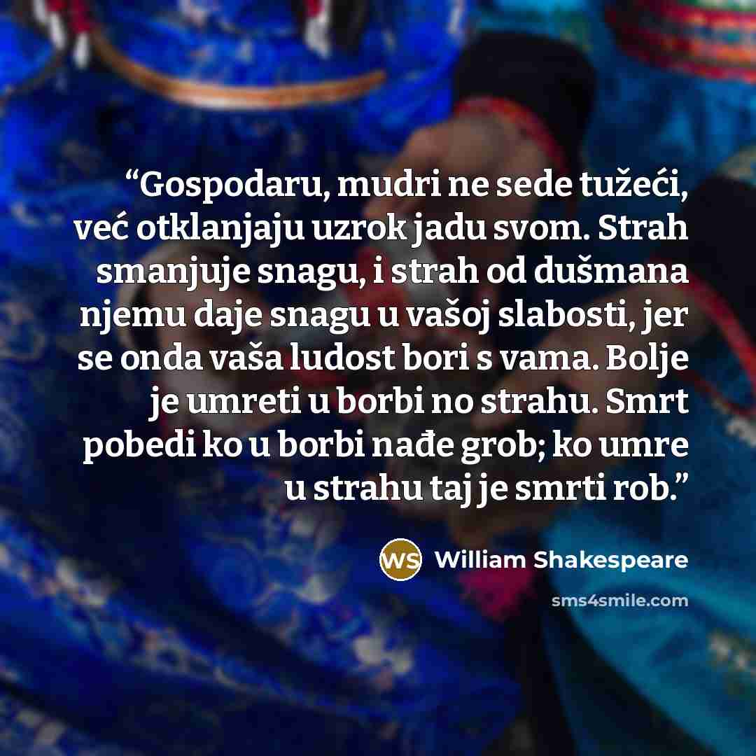 “Gospodaru, mudri ne sede tužeći, već otklanjaju uzrok jadu svom. Strah smanjuje snagu, i strah od dušmana njemu daje snagu u vašoj slabosti, jer se onda vaša ludost bori s vama. Bolje je umreti u borbi no strahu. Smrt pobedi ko u borbi nađe grob; ko umre u strahu taj je smrti rob.” quote by William Shakespeare