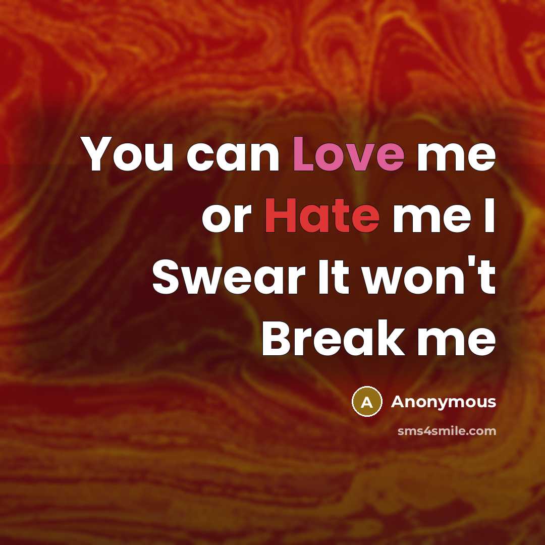 “You can Love me or Hate me I Swear It won't Break me” quote by Anonymous
