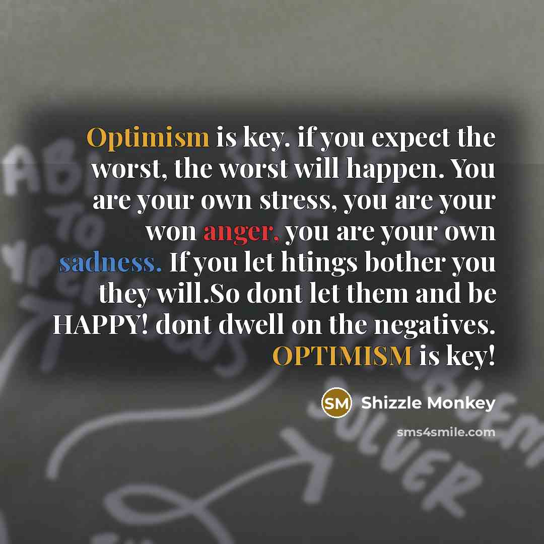 “Optimism is key. if you expect the worst, the worst will happen. You are your own stress, you are your won anger, you are your own sadness. If you let htings bother you they will.So dont let them and be HAPPY! dont dwell on the negatives. OPTIMISM is key!” quote by Shizzle Monkey